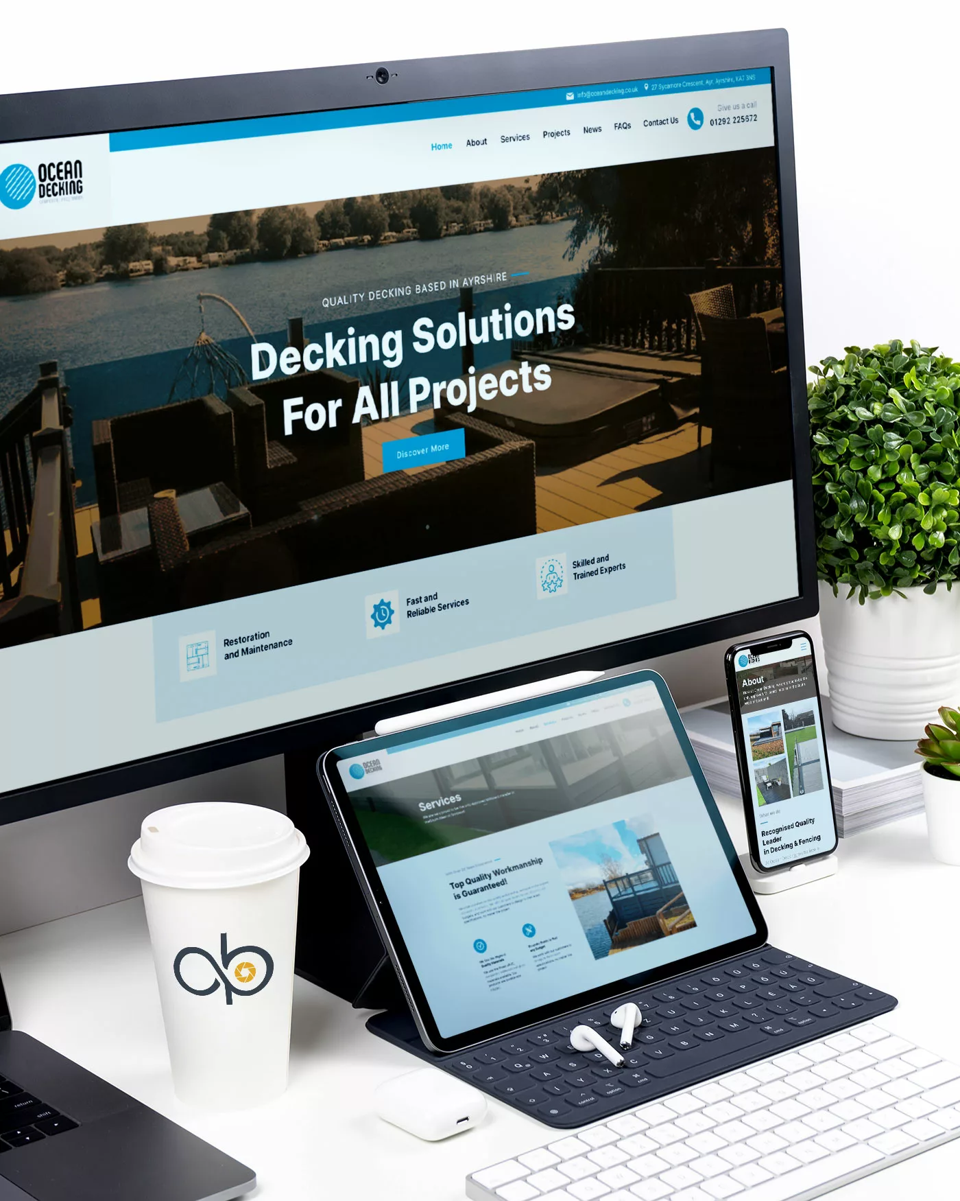 Image showcasing the new Ocean Decking website on a desktop PC, laptop and Phone svreen.